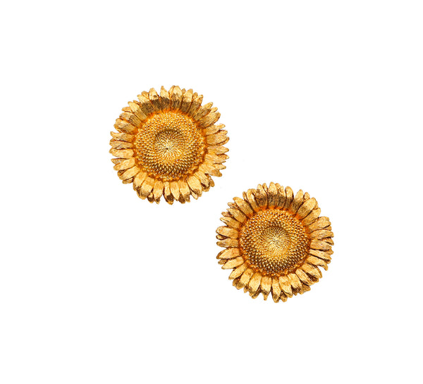 Robert Bruce Bielka Tropical Sunflowers Clips Earrings In Solid 18Kt Yellow Gold