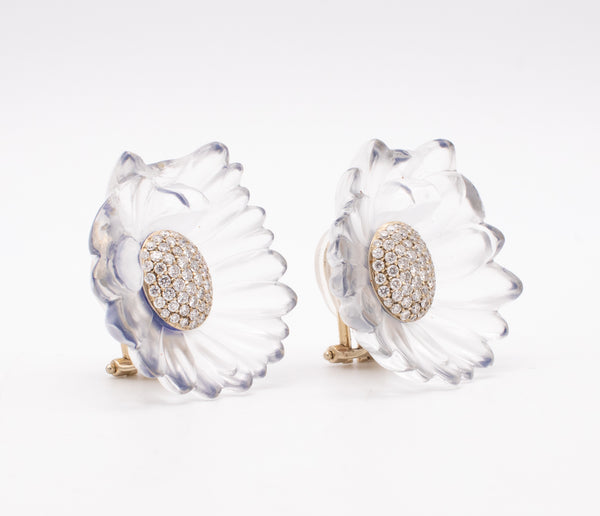 *Vhernier flowers earrings in 18 kt gold with carved rock crystal and 1.52 Cts in diamonds
