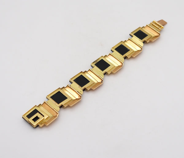-French 1930 Art Deco Geometric Bracelet In 18Kt Gold With Faceted Onyxes