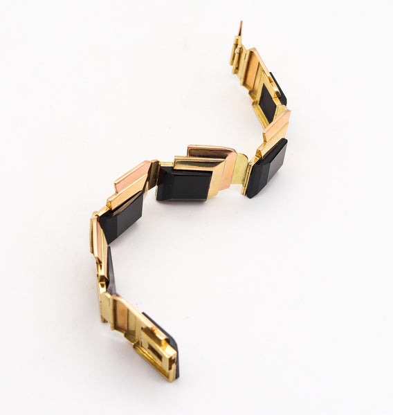 -French 1930 Art Deco Geometric Bracelet In 18Kt Gold With Faceted Onyxes