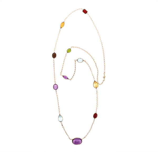 *Italian Multi-Gemstones long Sautoir Necklace in 14 kt gold with 65 Cts of natural Color gems