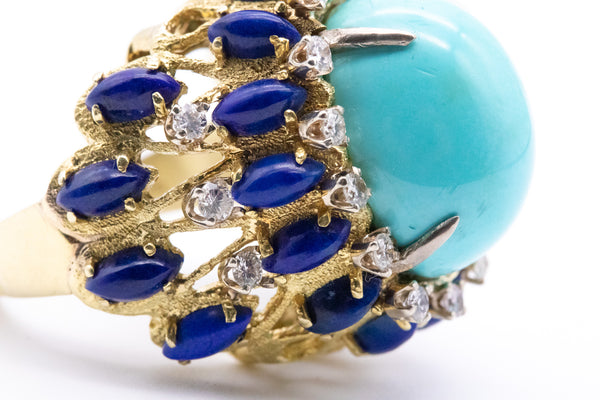 MID CENTURY 18 KT GOLD RING WITH 39.27 Ctw IN DIAMONDS, TURQUOISE & LAPIS