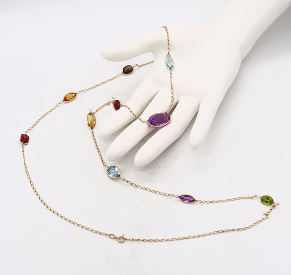 *Italian Multi-Gemstones long Sautoir Necklace in 14 kt gold with 65 Cts of natural Color gems