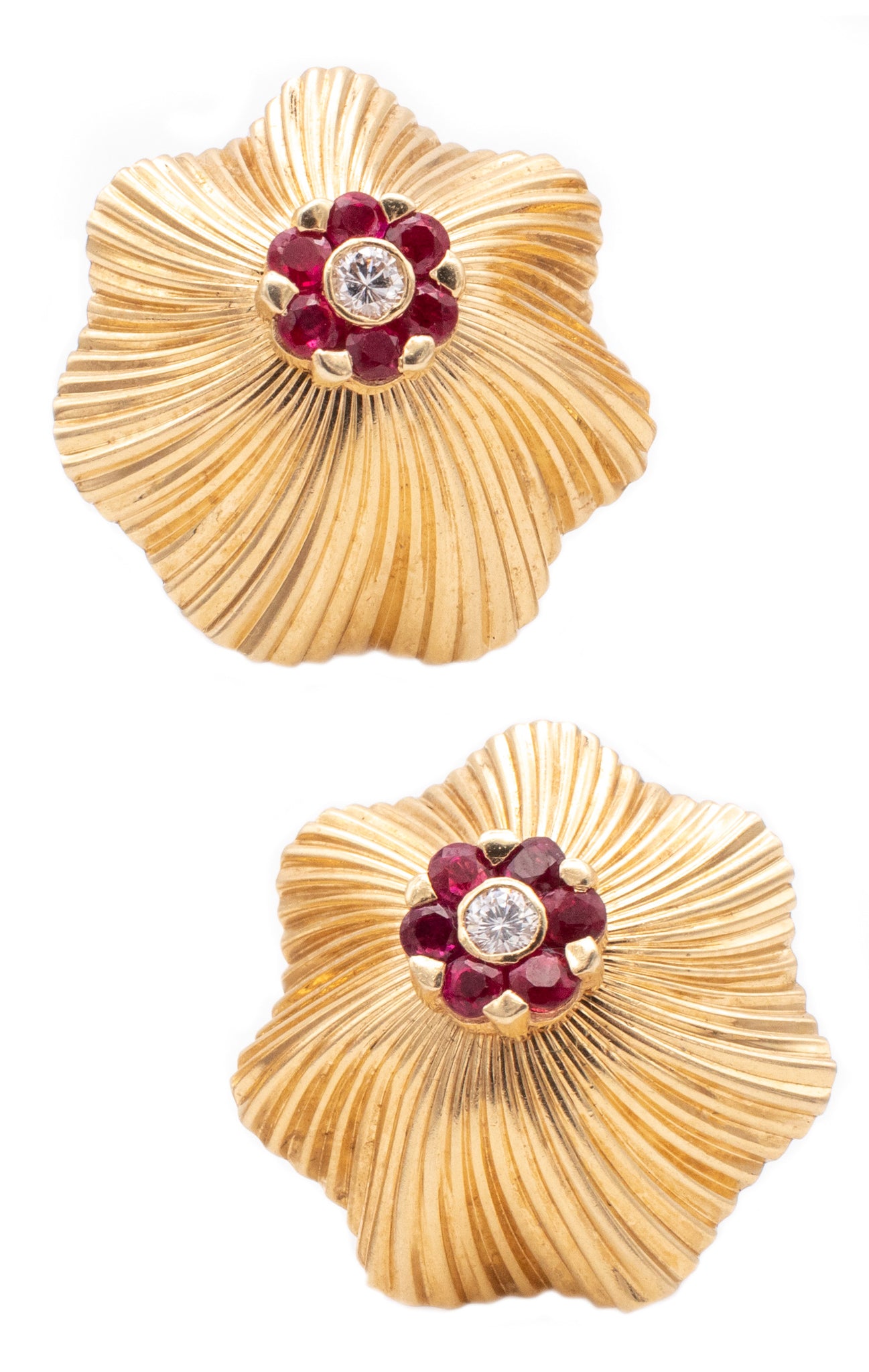 TIFFANY & CO. 1950 GEORGE SCHULER 14 KT RETRO EARRINGS 1.40 Ctw OF DIAMONDS AND RUBY