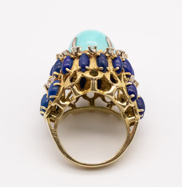 MID CENTURY 18 KT GOLD RING WITH 39.27 Ctw IN DIAMONDS, TURQUOISE & LAPIS