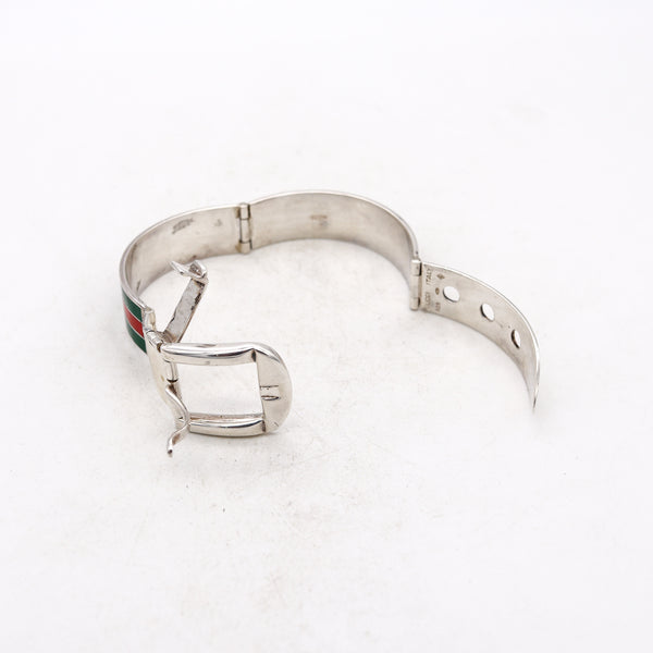 *Gucci 1970 Milano vintage Buckle bracelet in .925 Sterling silver with red and green enamel