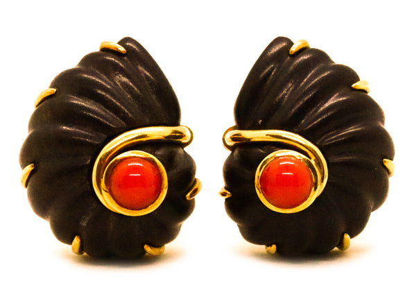 SEAMAN SCHEPPS, TRIANON EBONY & CORAL 18 KT EARRINGS CLIP