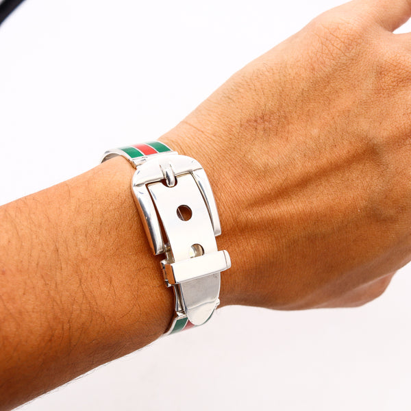 *Gucci 1970 Milano vintage Buckle bracelet in .925 Sterling silver with red and green enamel