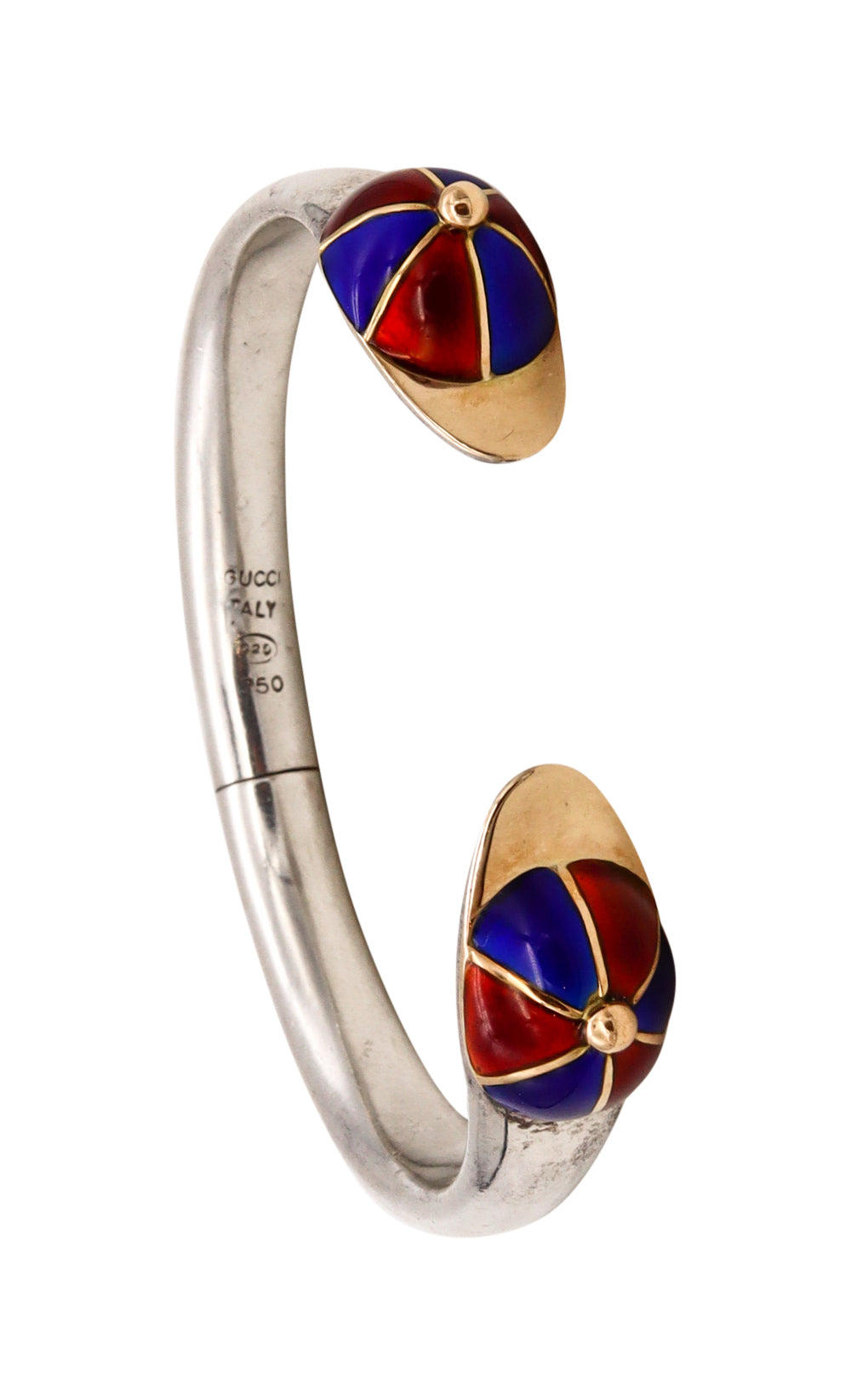 Gucci Milan 1970 Rare Equestrian Jockey Hats Cuff In 18Kt Gold And Sterling With Red & Blue Enamel