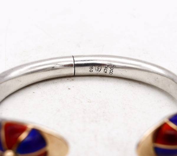 Gucci Milan 1970 Rare Equestrian Jockey Hats Cuff In 18Kt Gold And Sterling With Red & Blue Enamel