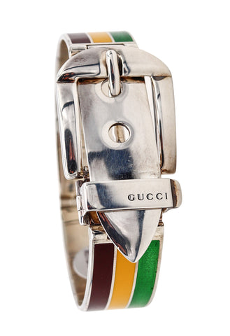 Gucci 1970 Milano Vintage Buckle Bracelet In .925 Sterling Silver With Red Brown And Yellow Enamel