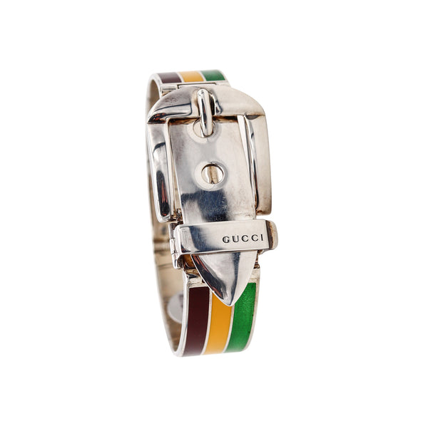 Gucci 1970 Milano Vintage Buckle Bracelet In .925 Sterling Silver With Red Brown And Yellow Enamel
