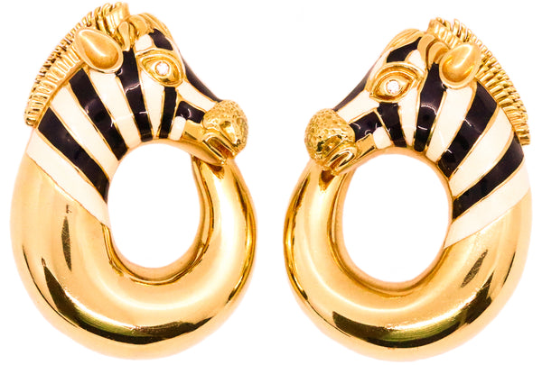 ROBERTO LEGNAZZI 18 KT GOLD ZEBRA EARRINGS WITH ENAMEL & DIAMONDS