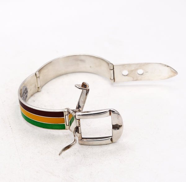 Gucci 1970 Milano Vintage Buckle Bracelet In .925 Sterling Silver With Red Brown And Yellow Enamel