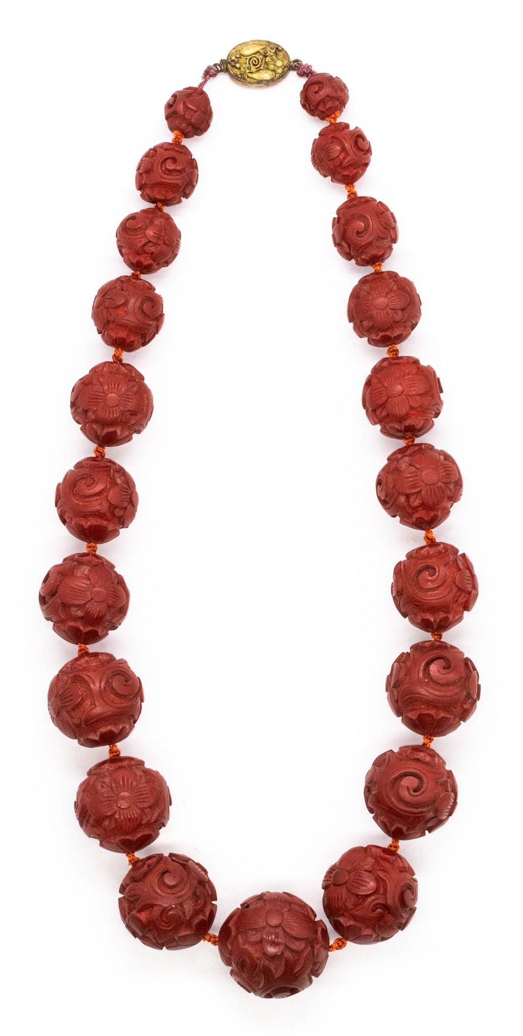 CHINESE 1900 CINNABAR RED WOOD GRADUATED CARVED BEADS NECKLACE