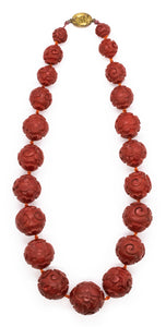 CHINESE 1900 CINNABAR RED WOOD GRADUATED CARVED BEADS NECKLACE