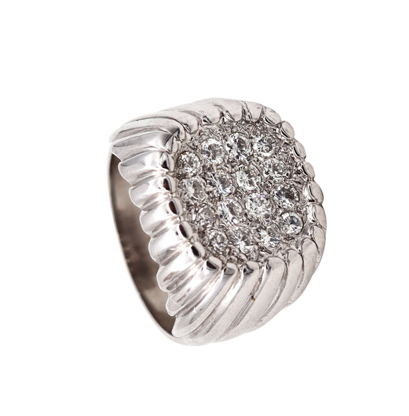 (S)British 1977 Designer Tartelette Fluted Ring In 18Kt White Gold With 1.02 Cts In VS Round Diamonds