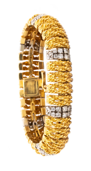 Italian 1960 Designer Mid Century Bracelet In Textured 18Kt Gold With 3.62 Cts In Diamonds