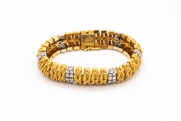 Italian 1960 Designer Mid Century Bracelet In Textured 18Kt Gold With 3.62 Cts In Diamonds