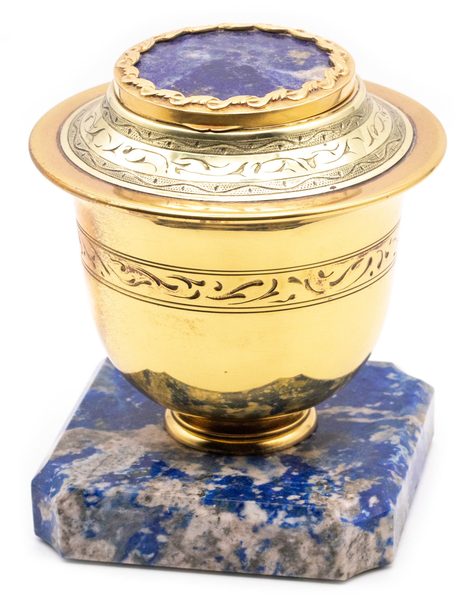 FRANCE THIRD EMPIRE 1870 INKWELL 18 KT GOLD, GILDED STERLING, LAPIS & BLUE MARBLE