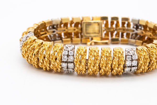 Italian 1960 Designer Mid Century Bracelet In Textured 18Kt Gold With 3.62 Cts In Diamonds