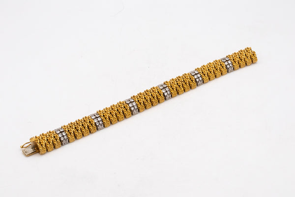 Italian 1960 Designer Mid Century Bracelet In Textured 18Kt Gold With 3.62 Cts In Diamonds