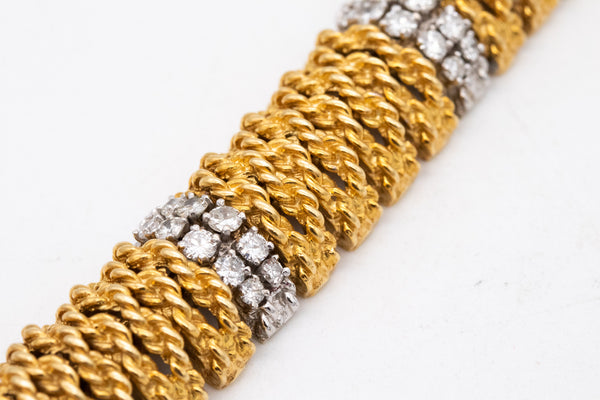 Italian 1960 Designer Mid Century Bracelet In Textured 18Kt Gold With 3.62 Cts In Diamonds