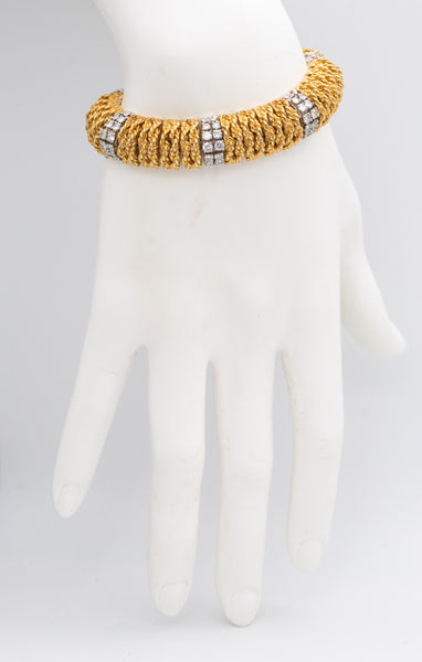 Italian 1960 Designer Mid Century Bracelet In Textured 18Kt Gold With 3.62 Cts In Diamonds