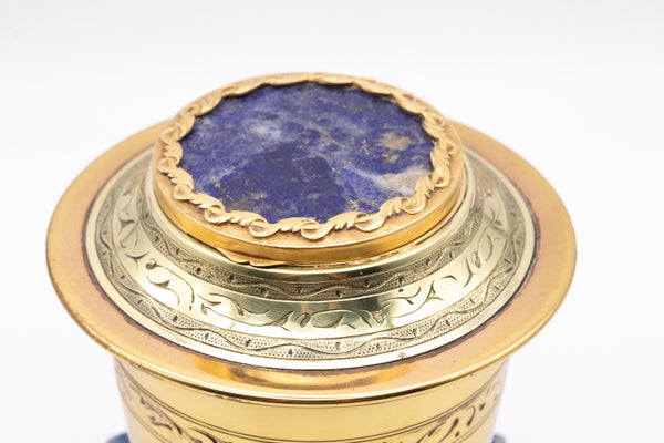FRANCE THIRD EMPIRE 1870 INKWELL 18 KT GOLD, GILDED STERLING, LAPIS & BLUE MARBLE