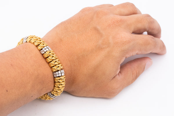 Italian 1960 Designer Mid Century Bracelet In Textured 18Kt Gold With 3.62 Cts In Diamonds