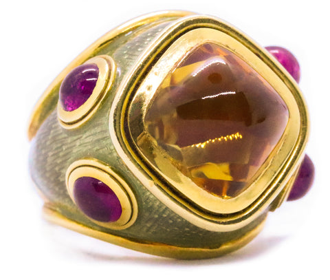 LEO DE VROOMEN 18 KT CITRINE TOURMALINE ENAMEL RING