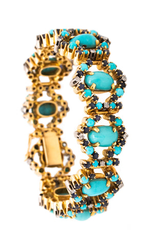 *Italian 1960 mid-century bracelet in 18 kt gold and platinum with 34.45 Cts in turquoise sapphires & diamonds