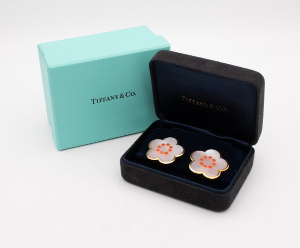 TIFFANY & CO. ALLURE 18 KT YELLOW GOLD EARRINGS WITH NACRE AND CORAL