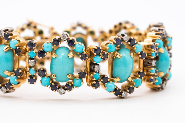 *Italian 1960 mid-century bracelet in 18 kt gold and platinum with 34.45 Cts in turquoise sapphires & diamonds