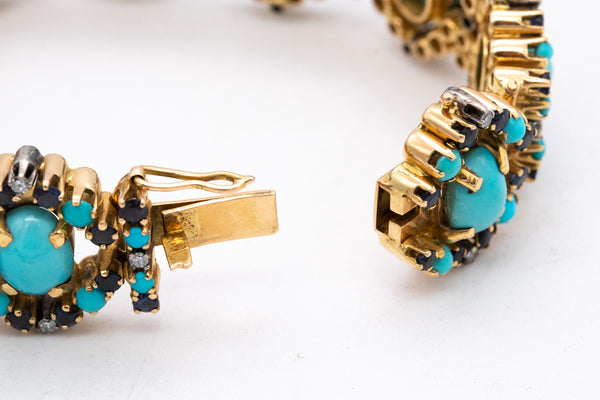 *Italian 1960 mid-century bracelet in 18 kt gold and platinum with 34.45 Cts in turquoise sapphires & diamonds