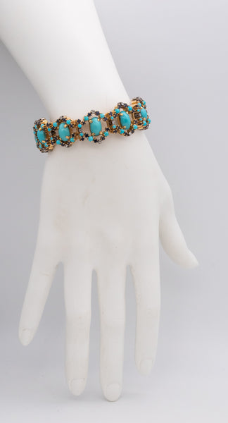 *Italian 1960 mid-century bracelet in 18 kt gold and platinum with 34.45 Cts in turquoise sapphires & diamonds