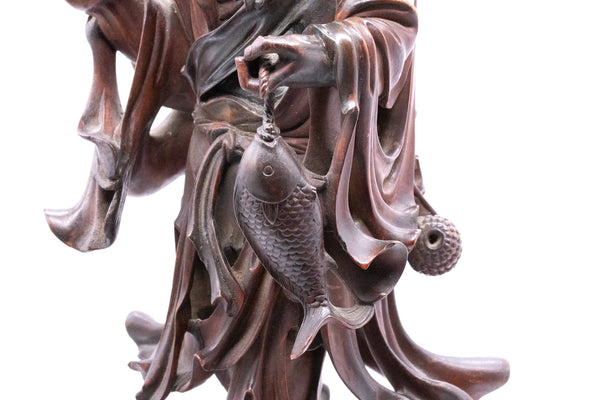 Japan 1890 Meiji Period Ebisu Sculpture In Wood Carving Of An Old Fisherman