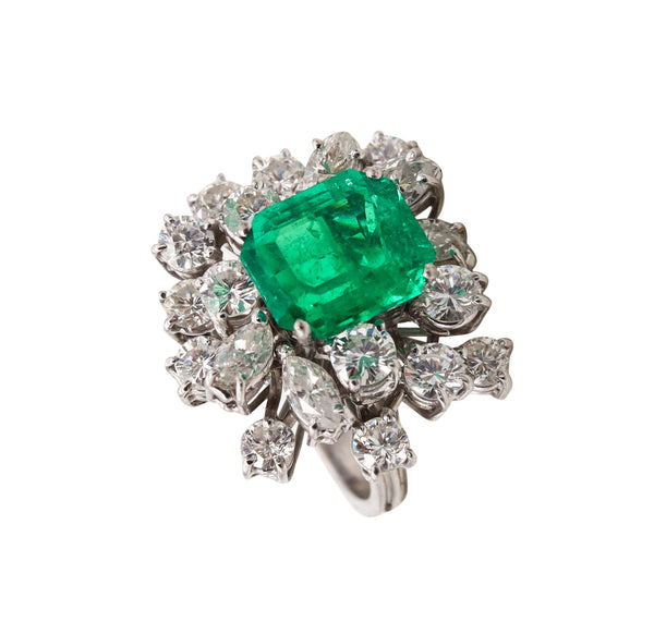 (S)Gia Certified Cluster Cocktail Ring In 18Kt White Gold With 6.70 Cts In Muzo Emerald And Diamonds