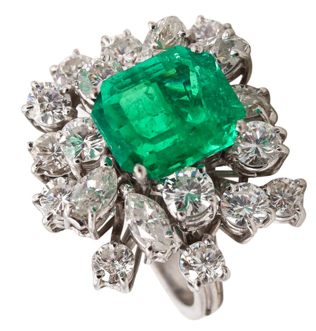 (S)Gia Certified Cluster Cocktail Ring In 18Kt White Gold With 6.70 Cts In Muzo Emerald And Diamonds