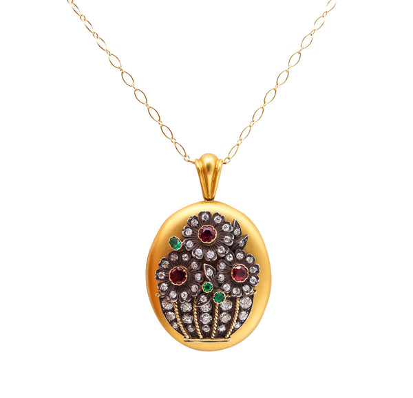 -Victorian 1890 Pendant locket In 18Kt Gold With 9.44 Ctw In Diamonds Rubies & Emeralds