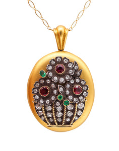 -Victorian 1890 Pendant locket In 18Kt Gold With 9.44 Ctw In Diamonds Rubies & Emeralds