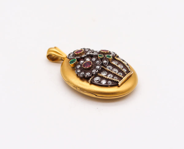 -Victorian 1890 Pendant locket In 18Kt Gold With 9.44 Ctw In Diamonds Rubies & Emeralds