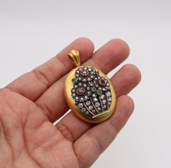 -Victorian 1890 Pendant locket In 18Kt Gold With 9.44 Ctw In Diamonds Rubies & Emeralds