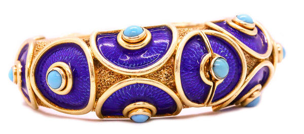 *Cellino 1960 Italy 18 kt yellow gold bracelet with blue enamel & natural turquoises