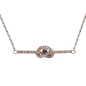 Art Deco 1920 Love Knot Chained Necklace In Platinum 18Kt Gold With Rose Cut Diamonds And Sapphire