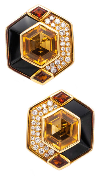 MARINA B. FRANCE 18 KT YELLOW GOLD EARRINGS WITH 23.84 Ctw DIAMONDS, ONYX & CITRINE