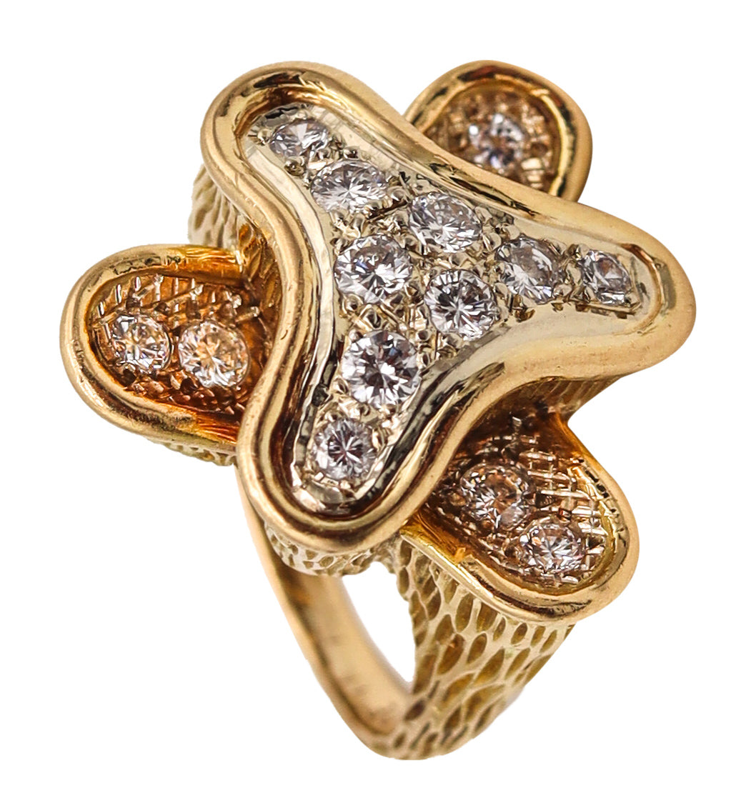 French 1970 Modernism Free Form Ring In 18Kt Gold Platinum With 1.12 Cts Diamonds