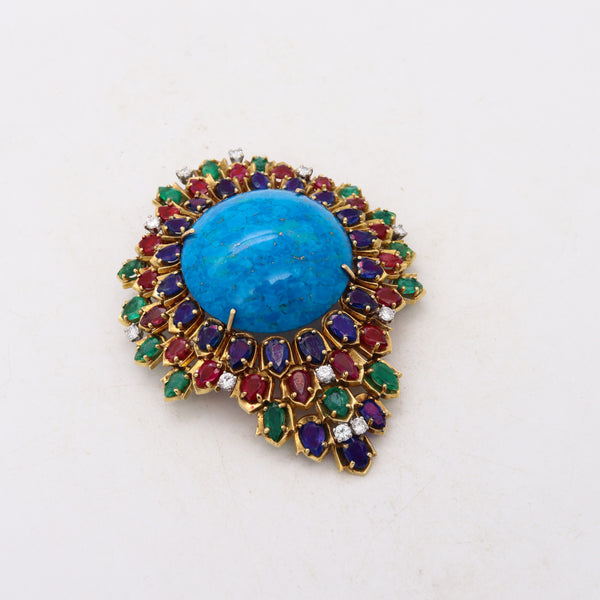 *Wander France 1960 mid-century pendant brooch in18 kt yellow gold with 139.37 Cts in Diamonds & Color Gemstones