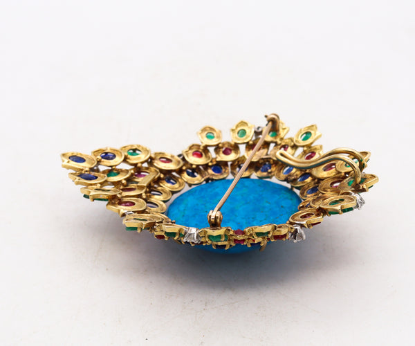 *Wander France 1960 mid-century pendant brooch in18 kt yellow gold with 139.37 Cts in Diamonds & Color Gemstones