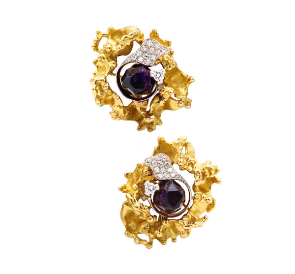 Emil Meister 1960 Zurich 18Kt Gold And Palladium Earrings With 21.12 Ctw In Diamonds And Amethyst